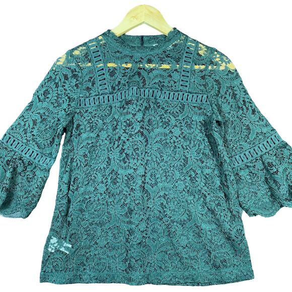 LOFT Womens Blouse Green Floral Lace Bell Sleeve Crochet Sheer Stretch XS - Picture 1 of 16